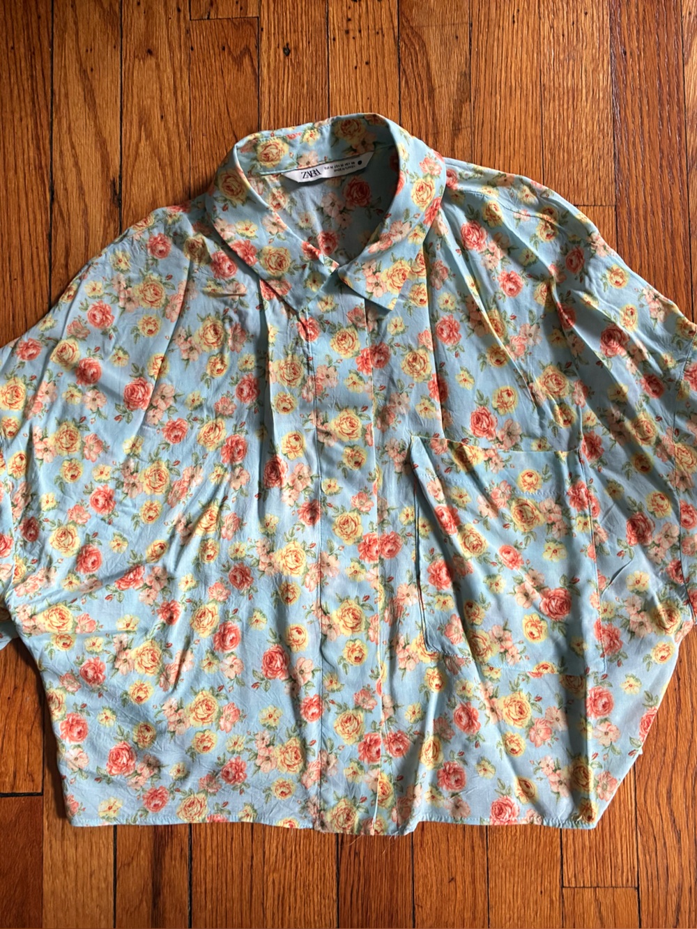 Zara Pastel Blue Rose-Print Button Shirt